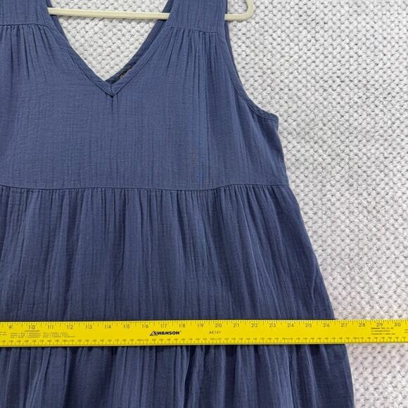 Quince Dress Womens XL Indigo Blue 100% Organic Cotton Gauze Tiered Maxi V-Neck - Picture 6 of 9